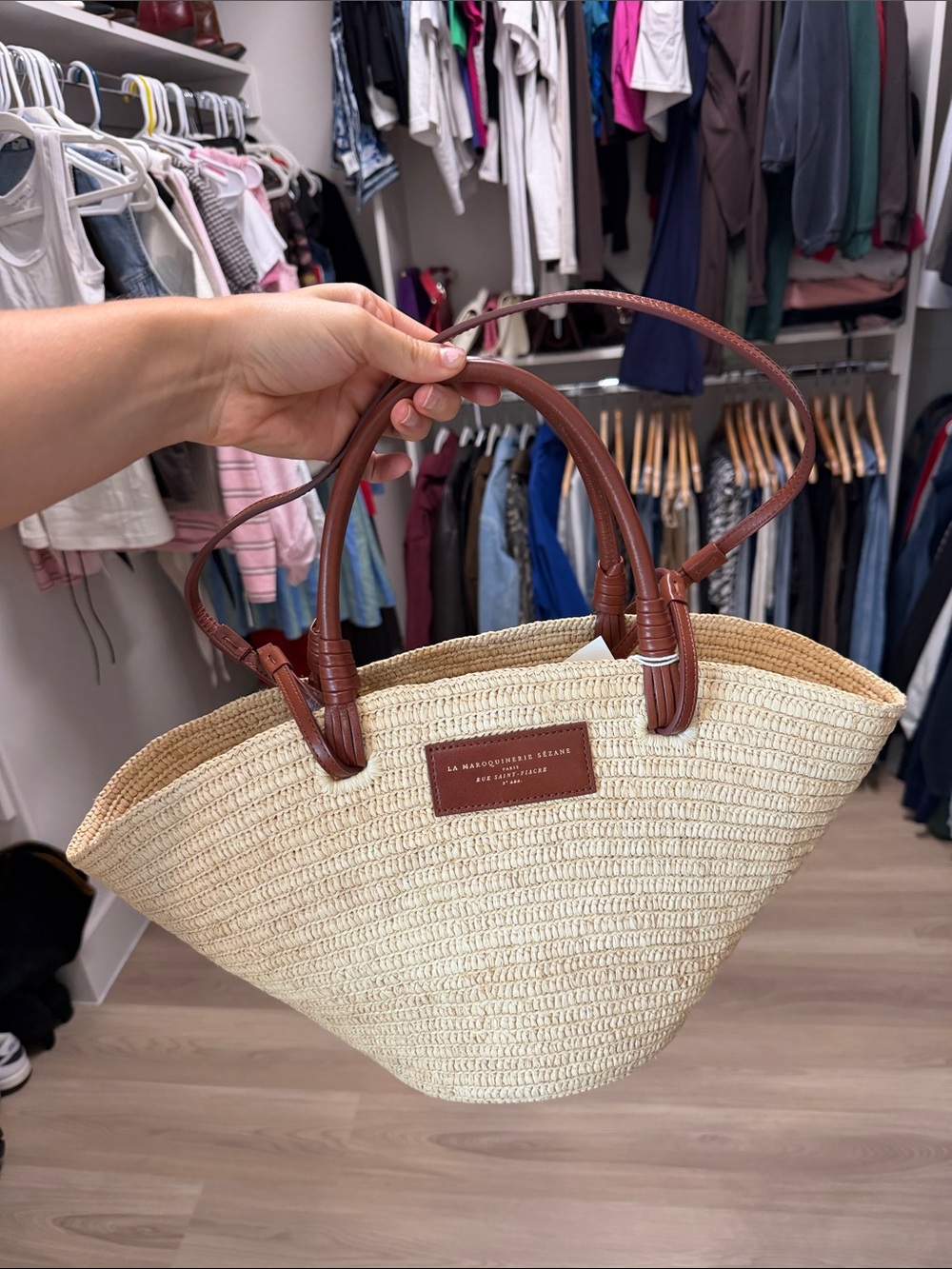 Sezane Natural Straw Tote with Brown Leather Handles